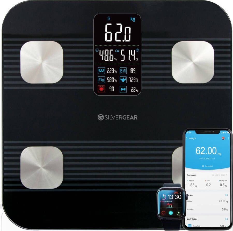 Silvergear Weegschaal met Lichaamsanalyse 18 Metingen: Vetpercentage meter BMI Spiermassa Slimme Weegschaal Bluetooth Weegschaal Digitale Scale Zwart Premium