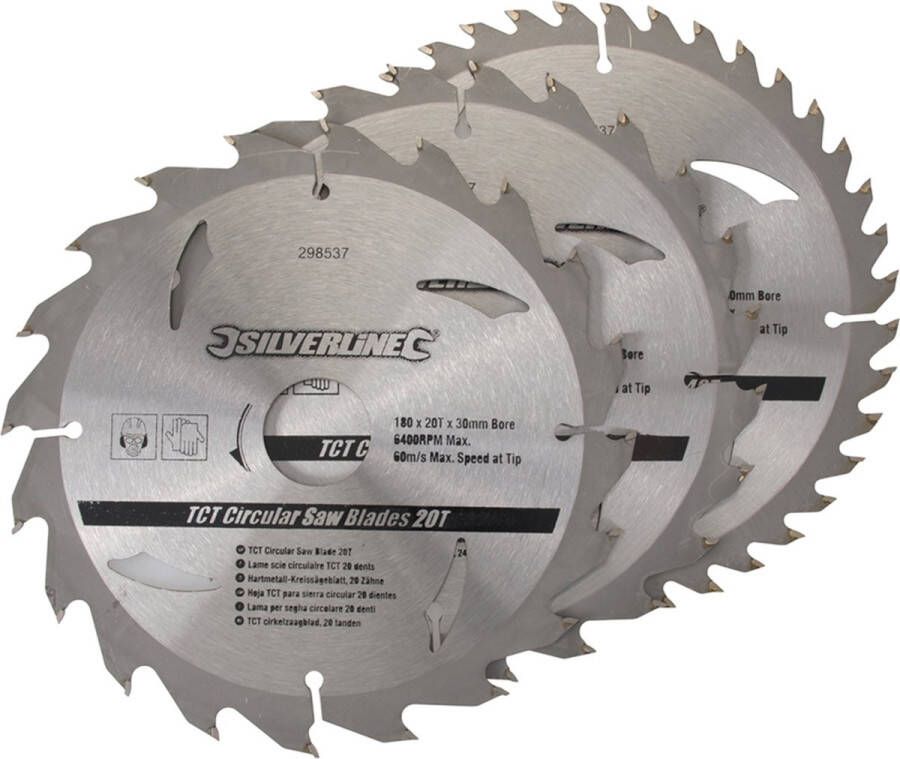 Silverline Zaagblad Cirkelzaag Ø 180 mm x 20 24 en 40 TCT Tanden Inclusief Verloopringen 3 delig