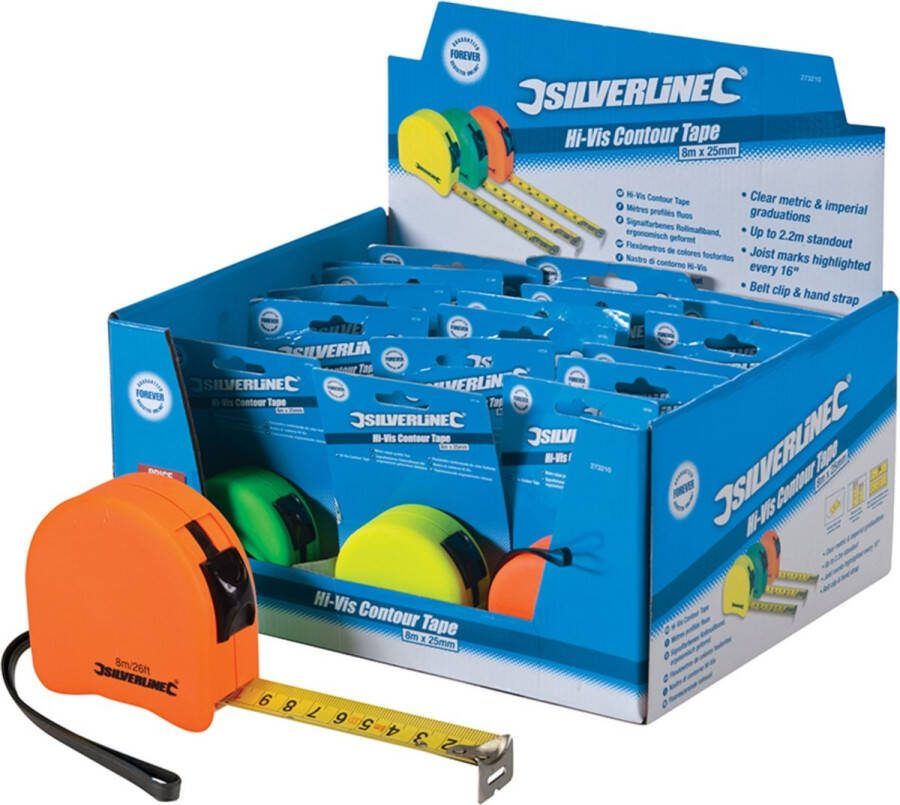 Silverline Felgekleurde ergonomische rolmaat 8 meter x 25 mm set van 18 stuks