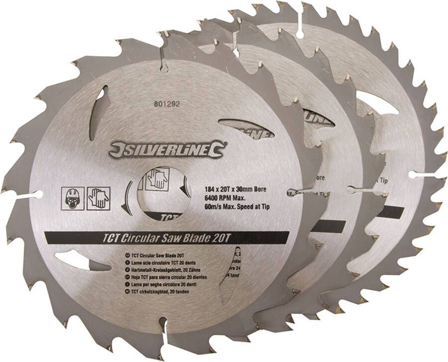 Silverline Zaagblad Cirkelzaag Ø 184 mm x 20 24 en 40 TCT Tanden Inclusief Verloopringen 3 delig