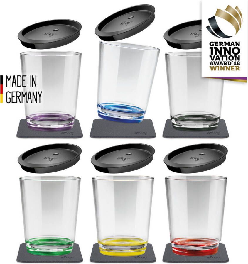 Silwy magnetische kunststof drinkbekerset incl. deksel en metallic gel onderzetter 6 stuks (250 ml) Glazen mokken en kopjes