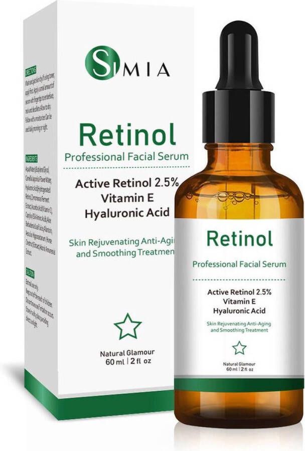 SIMIA™ Original Active Retinol Serum Met Vitamine E & Hyaluronzuur Gezichtsserum Collageen Anti Aging Celvernieuwing Anti-Acne Tegen Mee-eters en Grove Poriën Tegen Pigmentvlekken 30ml