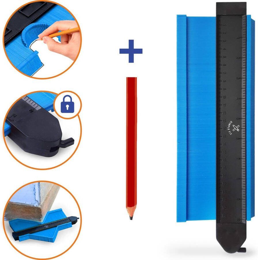 Simple Fix Aftekenhulp met Lock en Potlood 25cm x 5cm Profielaftaster Profielmal Profielmeter Contourmal Aftekenhulp Laminaat Blauw