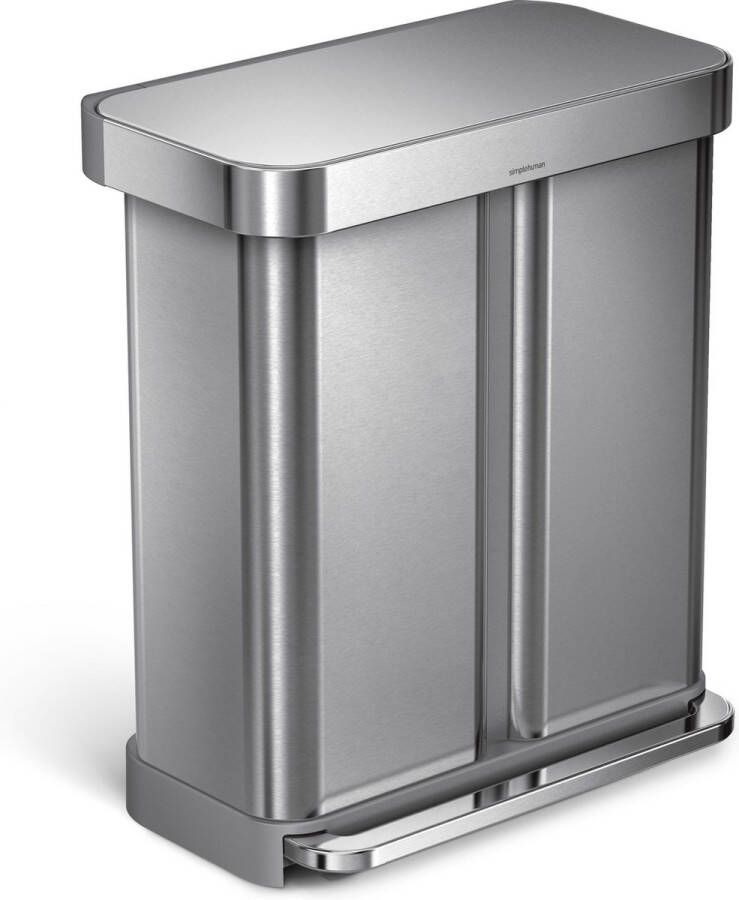Simplehuman Rectangular Prullenbak 58 Liter Inhoud Met 2 Compartimenten Zilver