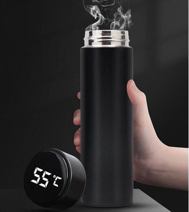 Simver Thermo fles met Temperatuur LED Display Vacuüm Thermobeker Thermoskan- Drinkfles Thermofles RVS 500 ML Flaskie -Zwart