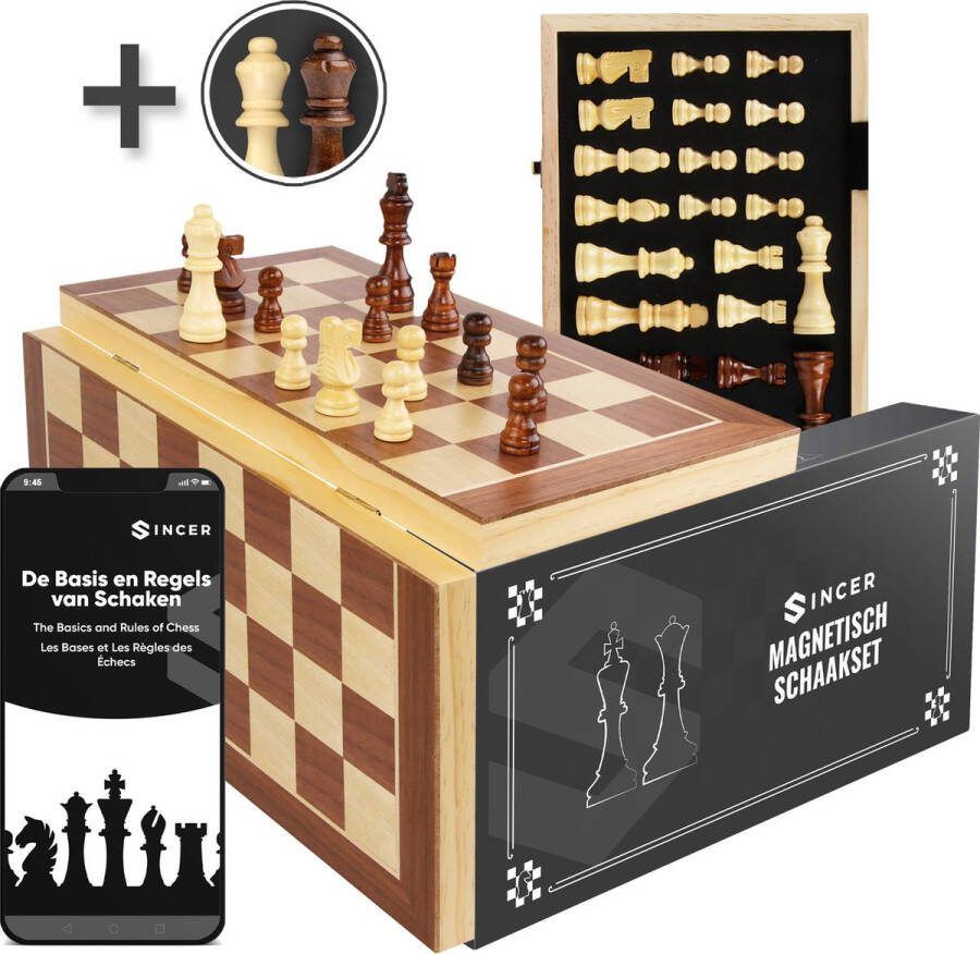 Sincer Magnetisch Schaakbord met Staunton Schaakstukken – Schaakspel Hout Volwassenen Schaakset Opklapbaar Chess 2 Extra Koninginnen Inclusief E-book 39x39cm