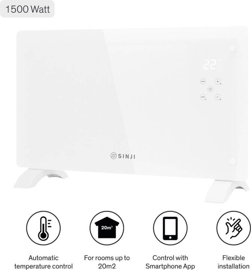 Sinji Electrische Convectorkachel Paneelverwarming Radiator 1500 Watt Smart App Ingebouwde Thermostaat 20m² Vrijstaand Wandmontage Wit
