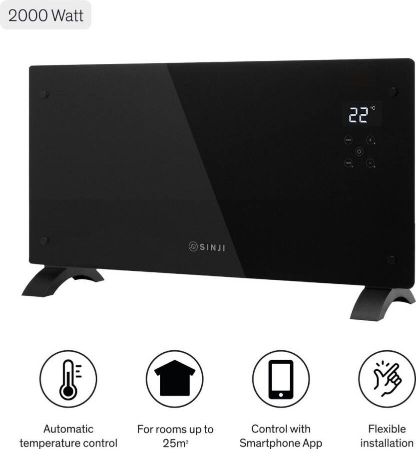 Sinji Electrische Convectorkachel Paneelverwarming Radiator 2000 Watt Smart App Ingebouwde Thermostaat 25m² Vrijstaand Wandmontage Zwart