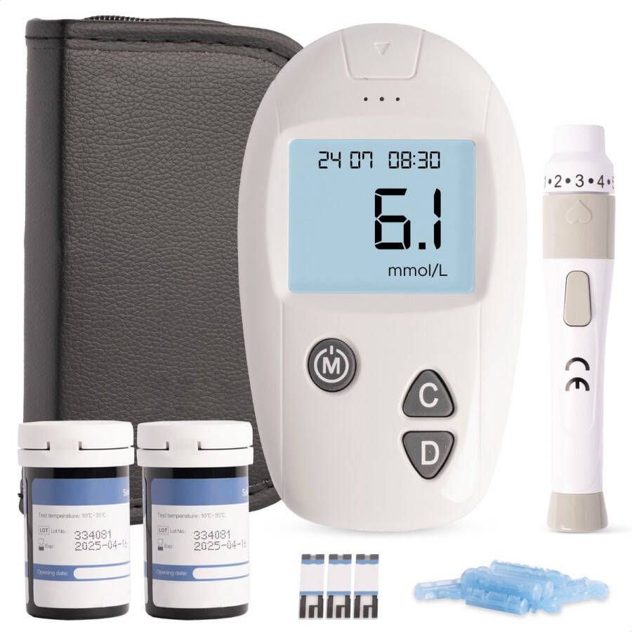 Sinocare Glucosemeter – Bloedsuikermeter – Startpakket – 50 teststrips & 50 lancetten – Bloedsuikermeters – Bloedglucosemeter – Diabetes meter – Glucose revolutie – Opbergtasje – Complete set