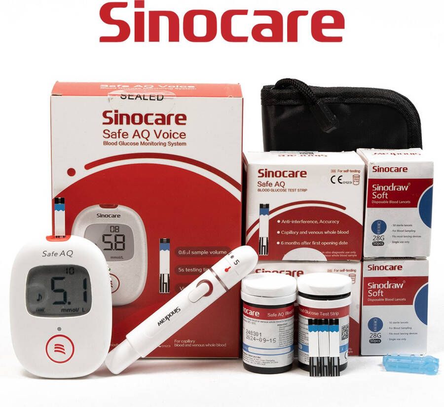 Sinocare Safe AQ Voice Professionele Glucosemeter mmol L Inclusief 100 teststrips & 100 naalden Diabetes meter Bloedsuikermeter
