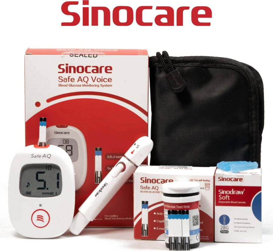 Sinocare Safe AQ Voice Professionele Glucosemeter mmol L inclusief 50 teststrips & 50 naalden Diabetes meter Bloedsuikermeter