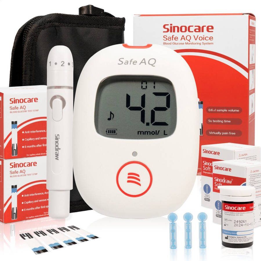 Sinocare Safe AQ Voice Professionele Glucosemeter mmol L Inclusief 100 teststrips & 100 naalden Diabetes meter Bloedsuikermeter