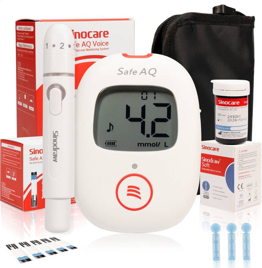 Sinocare Safe AQ Voice Professionele Glucosemeter mmol L inclusief 50 teststrips & 50 naalden Diabetes meter Bloedsuikermeter