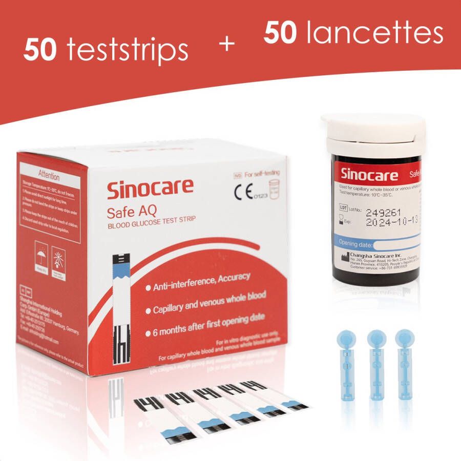Sinocare Teststrips & Lancetten 50 teststrips 50 Lancetten mmol L ALLEEN voor Glucosemeter SAFE AQ VOICE