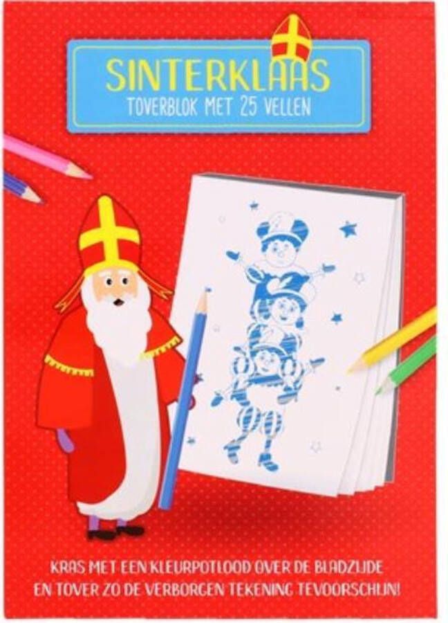 Sinterklaas tover blok met 25 vellen kras met een kleurpotlood over de bladzijde en tover zo de verborgen tekening tevoorschijn