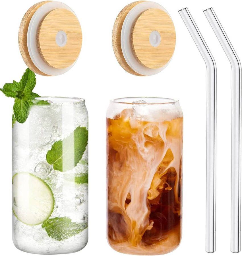 Sipy Drinkglazen (2 stuks) met Bamboe deksel en glazen rietje – Bubble tea beker – Longdrinkglazen – Ijs koffiebeker – Mason Jar – cocktailglazen – Smoothie beker