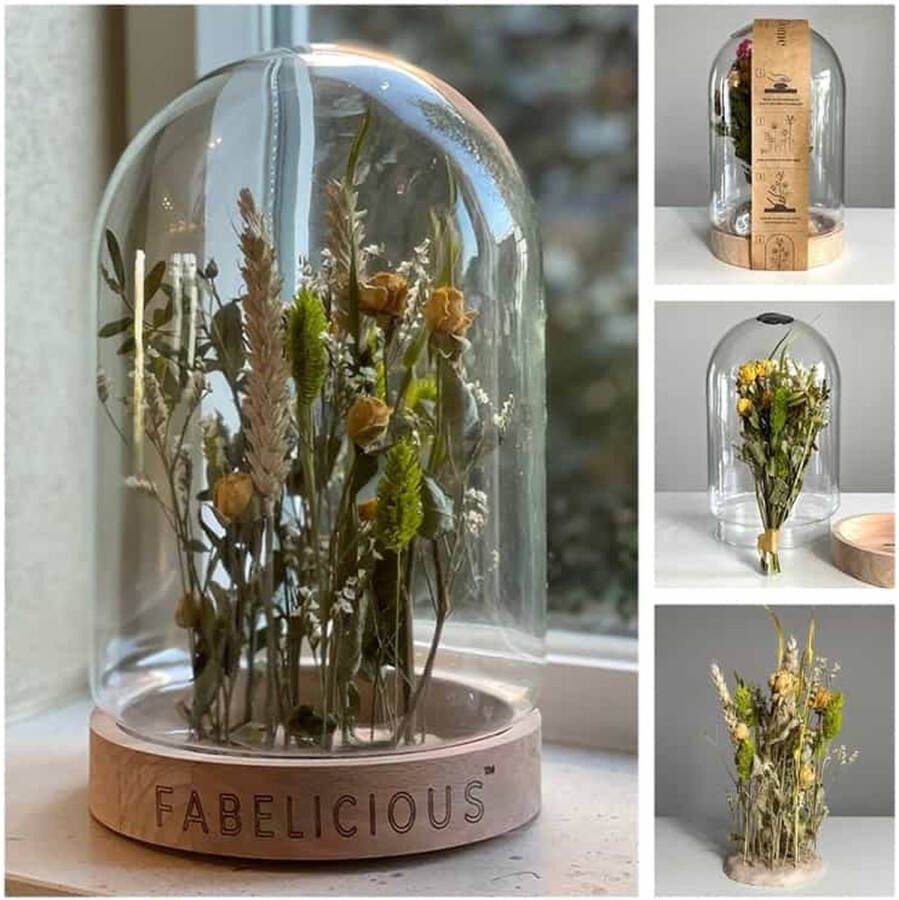 Sizland Dezign Droogbloemen in stolp Still Flower DIY Hout & Glas Geel & Groen