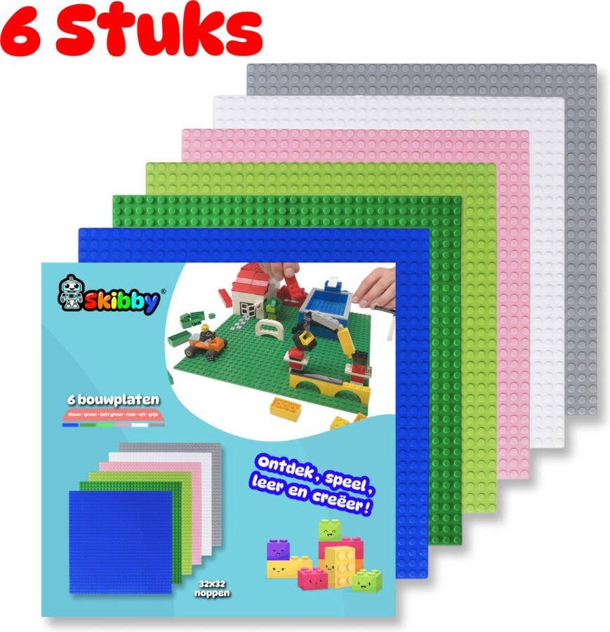 Skibby bouwplaat set geschikt voor LEGO city stenen 32 x 32 noppen bouwplaat groot city classic grijs 10701 blauw 10714 groen 10700 wit 11010 licht groen 11023 roze technic grondplaat kerstcadeau voor kinderen 6 stuks