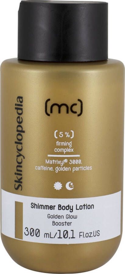 Skincyclopedia SHIMMER BODYLOTION MET 5% VERSTEVIGEND COMPLEX MET MATRIXYL 3000 CAFFEINE & SQUALANE EN GOUDEN DEELTJES bij gebrek aan tonus en stevigheid sinaasappelhuid met ongelijke textuur en uitdroging