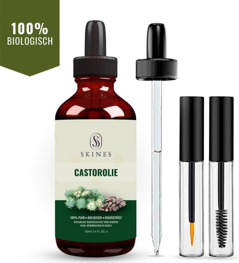 Skines Castor Olie Bio 100% Biologisch Puur & Koudgeperst Bio Oil 100ml Rijk aan Vitamine E en Omega Vetzuren Voor Haar Huid Wimpers & Nagelverzorging Wonderolie Wimperserum