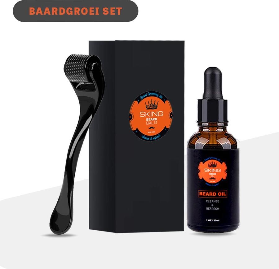 SKING Baardgroei set Baardverzorging set Geschenk set voor mannen 2 delig Baardolie Baardroller Dermaroller 100% natuurlijk