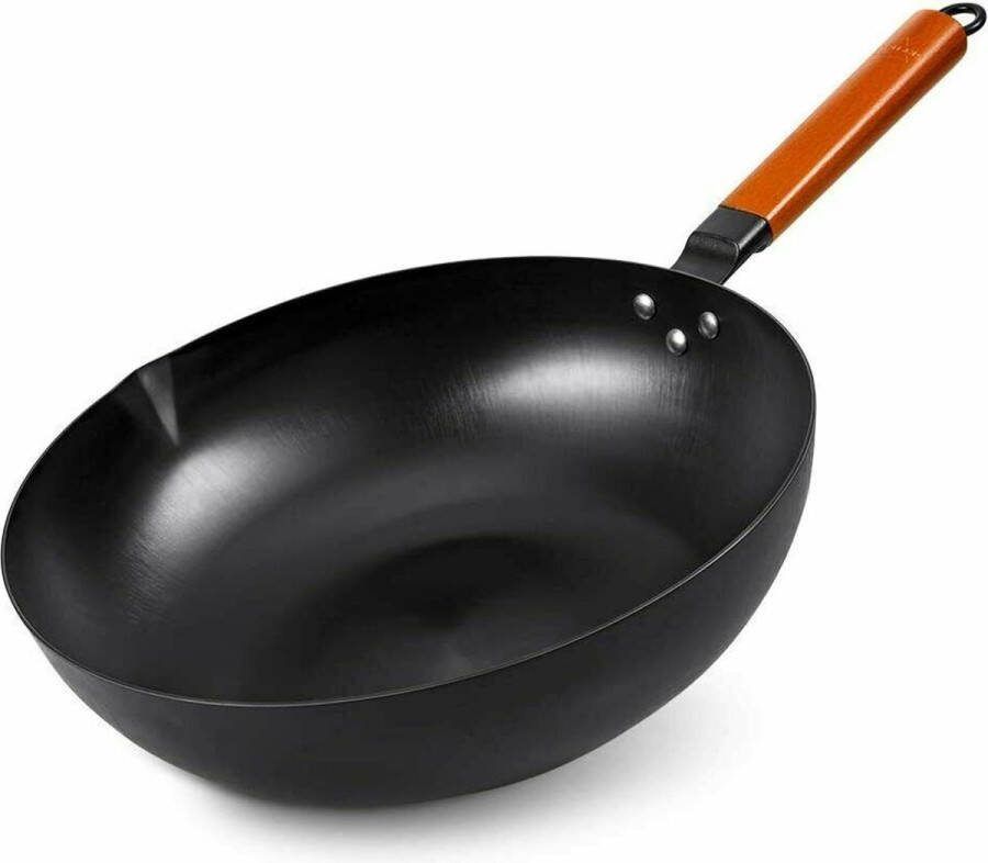 SkyLight Ø32 cm Carbon staal Wokpan met houten handvat geschikt voor alle warmte bronnen Zwart