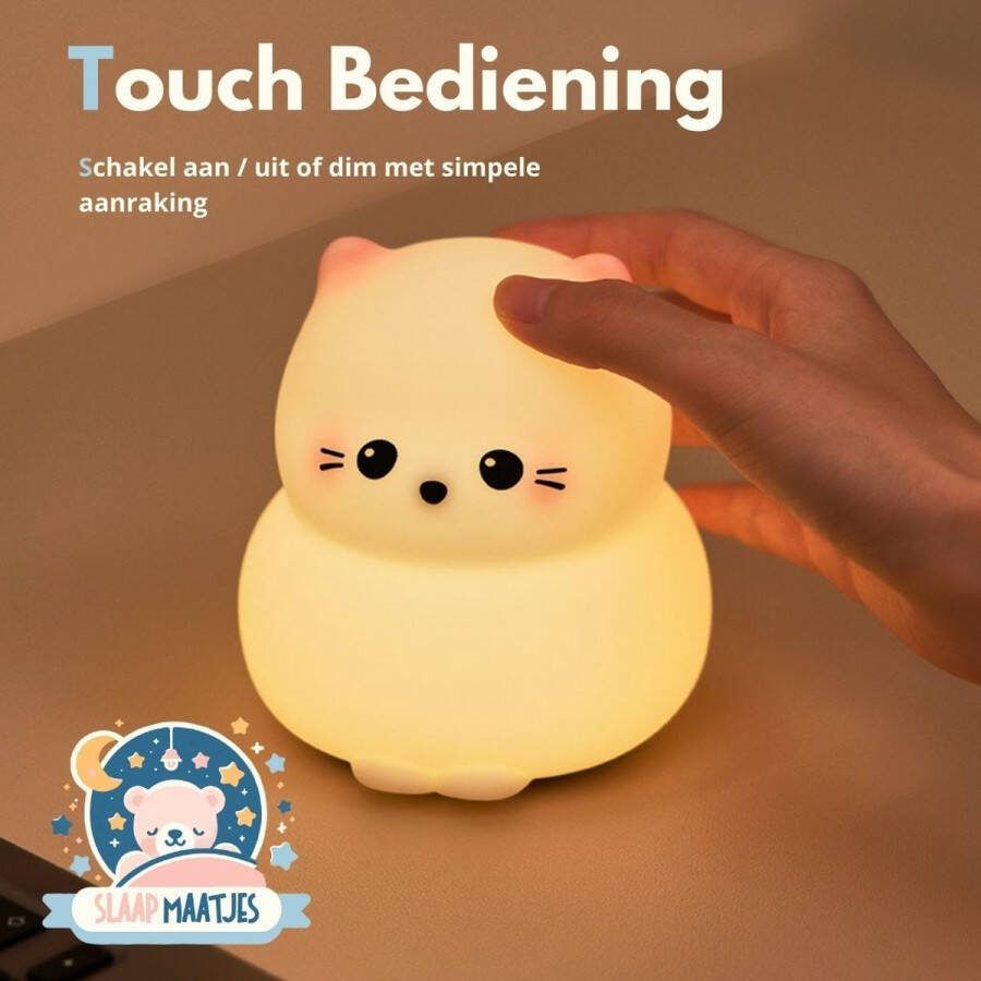Slaap Maatjes Kinder Nachtlampje Kitten Nachtlampje Baby Met aanraaksensor- Veilig voor kinderen USB Oplaadbaar Dimbaar LED