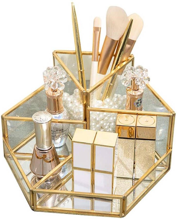 SLHEQING Make-up Organizer beauty organizer sieraden- penseelhouder goud glazen cosmetica box transparant decoratief blad