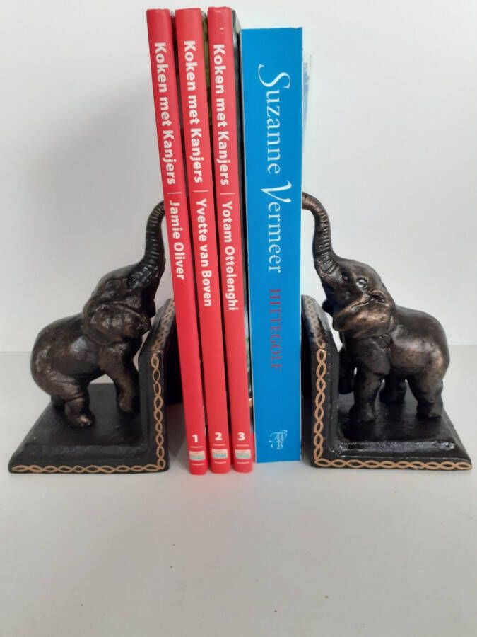Slijkhuis Olifanten beeldje leuke boekensteunen set van 2 gietijzer 2200 gram 15x9x8 cm