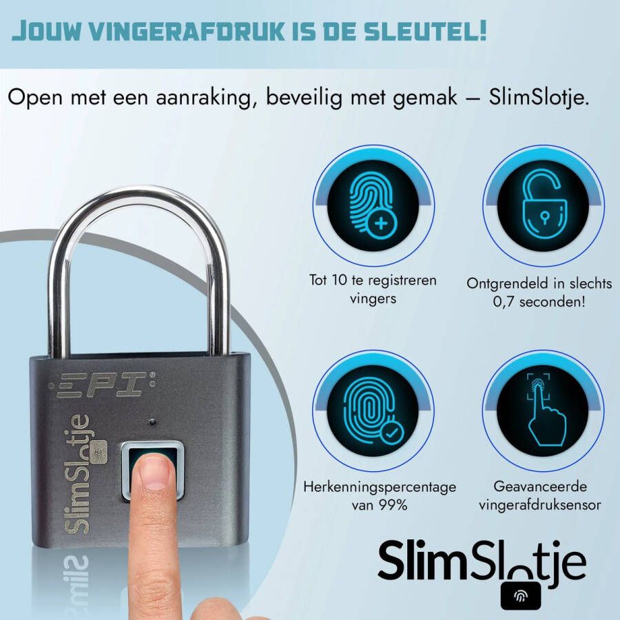 SlimSlotje x EPI Vingerprint Hangslot Zilver Vingerscan Vingerafdruk USB Oplaadbaar Fingerprint Lock Zonder sleutel! multi-inzetbaar: kluis fiets kast en deur