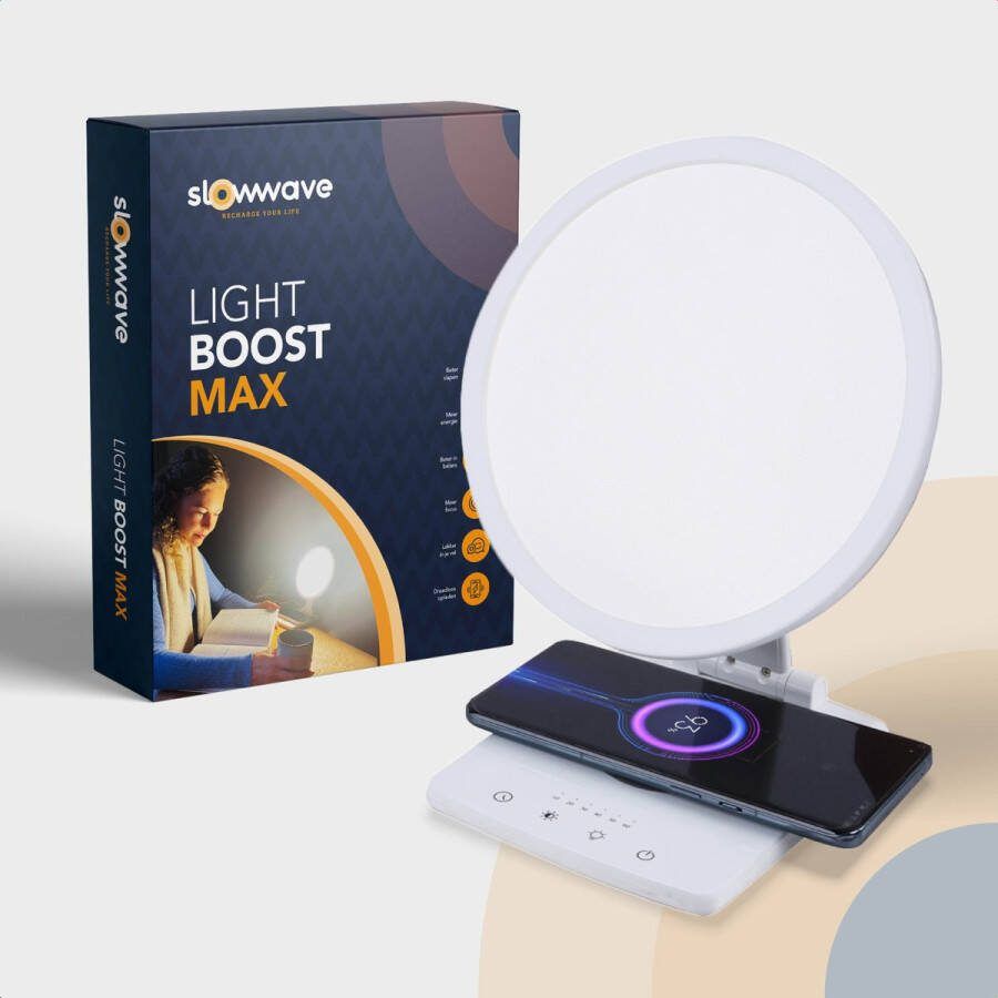 Slowwave Light Boost Max Ervaar de beste daglichtlamp Boost je slaap stemming en energie Voorkom de winterdepressie Optimaal effect (10.000 lux) Bouw lichtintensiteit geleidelijk op Verschillende kleurtemperaturen Kantelfunctie