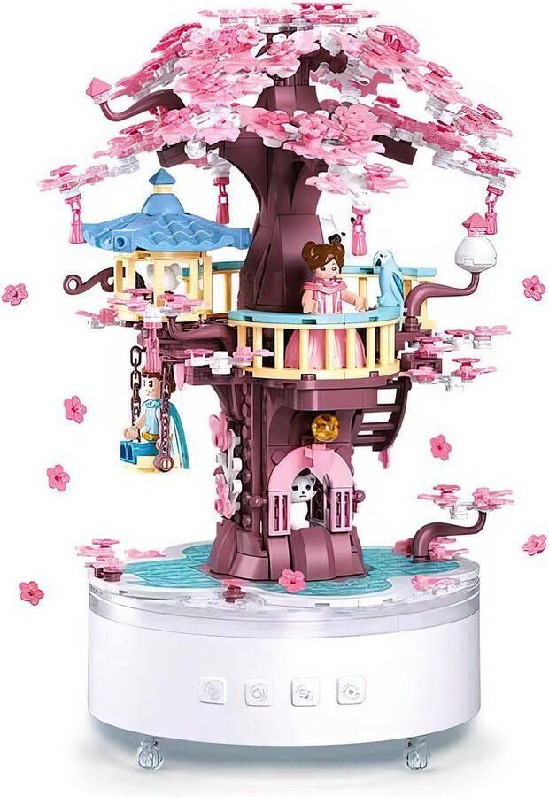 Sluban Bonzai boomhut met botanical bloemen Fantasy friends city adventures Classic technic musicbox Icons Creator speelgoed bouwpakket voor meisjes kinderen & volwassenen 577 bouwstenen (compatibel met Mould King of Lego stenen)