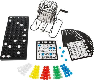 Small Foot Company Bingo spel zwart wit complete set 20 cm nummers 1-75 met molen 168x bingokaarten en 2x stiften Bingospel Bingo spellen Bingomolen met bingokaarten Bingo spelen
