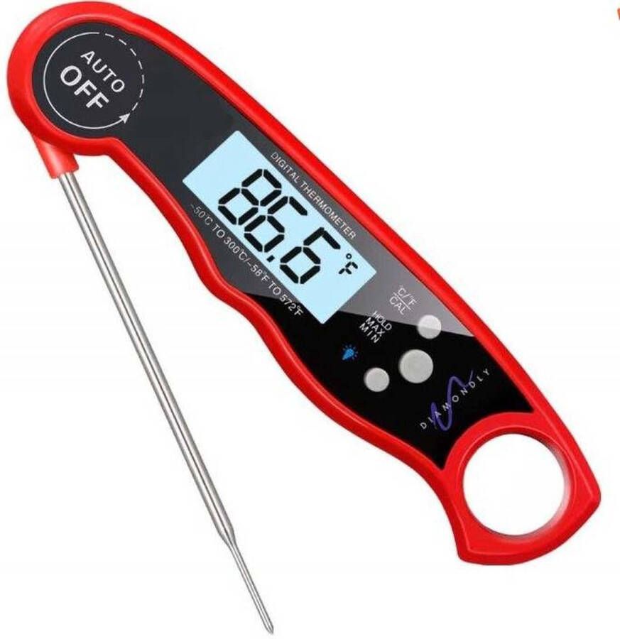 Diamondly Digitale Thermometer Rood|Koken|Vleesthermometer|Oven|Water|Binnen en Buiten|RVS|Waterdicht|Supersnel|Batterij inbegrepen