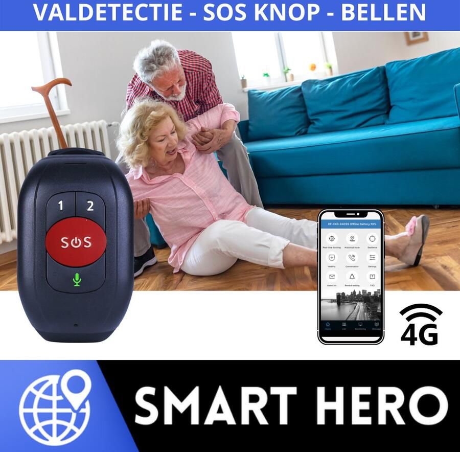 Smart Hero Persoonlijk Alarm Horloge voor ouderen SOS KNOP Valdetectie Alarm Horloge Senioren Hartslag & Bloeddruk SpO2 Medicatie Alarm Persoonsalarm GPS Horloge Senior Smartwatch voor Ouderen app en simkaart