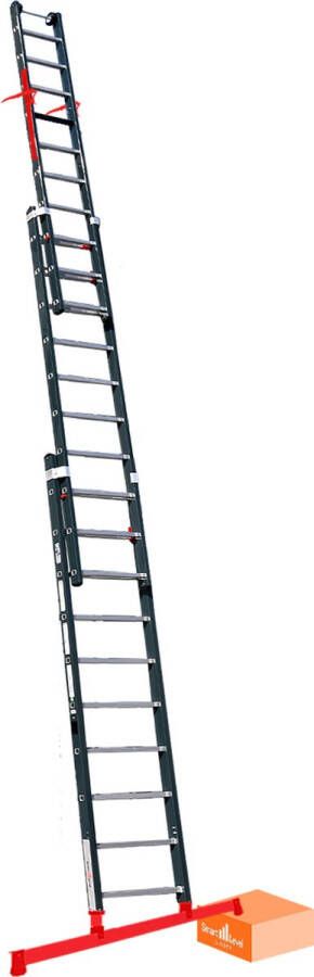 Smart Level Ladder Premium Schuifladder met Levelingssysteem en Top Safe Systeem| 3 delig 3x8 treden Gecoat Top Safe Systeem Leveling System Aluminium Anti slip EN 131-1 + 2 NEN 2484 TÜV en GS gecertificeerd