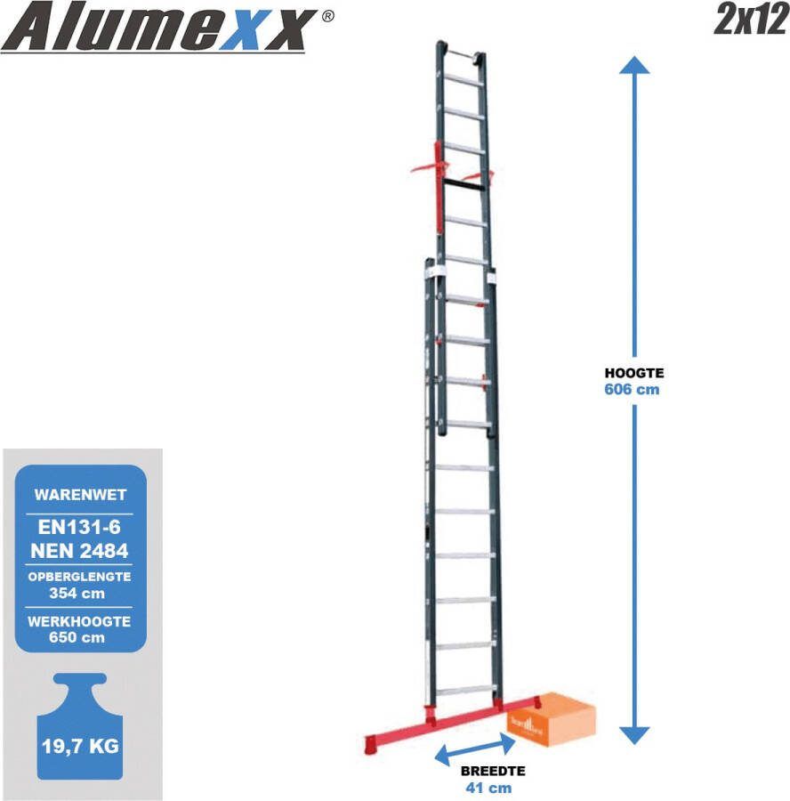 Smart Level Ladder Premium Schuifladder met Levelingssysteem en Top Safe Systeem 2 delig| 2x12 treden Gecoat Leveling System Aluminium Anti slip EN 131-1 + 2 NEN 2484 TÜV en GS gecertificeerd