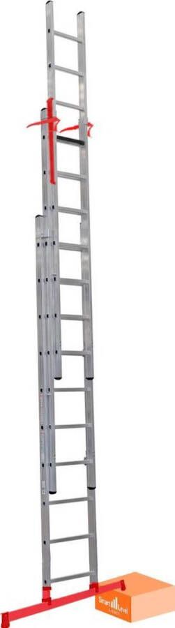 Smart Level Ladder Pro Schuifladder met Levelingssysteem en Top Safe Systeem 3 delig 3 x 10 treden Top Safe Systeem Leveling System Aluminium Anti slip EN 131-1 + 2 NEN 2484 TÜV en GS gecertificeerd