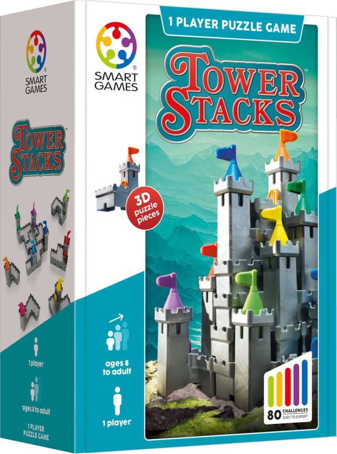 SmartGames Tower Stacks 3D puzzelspel voor 1 speler 80 uitdagingen Kasteel Torens