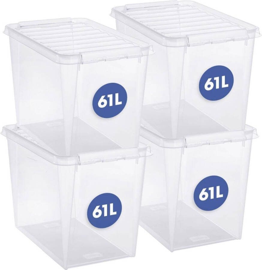 SmartStore Set van 4 Opbergdoos met deksel 61 Liter Opbergbox ™ Classic 65 Stapelbaar en Nestelbaar 10 jaar garantie Voedselveilig BPA vrij Stevige deksels en versterkte hoeken L59 x B39 x H43 cm