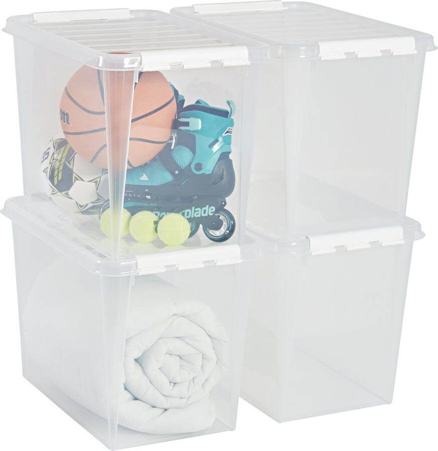SmartStore Set van 4 Opbergdoos met deksel 61 Liter Opbergbox ™ Classic 65 Stapelbaar en Nestelbaar 10 jaar garantie Voedselveilig BPA vrij Stevige deksels en versterkte hoeken L59 x B39 x H43 cm