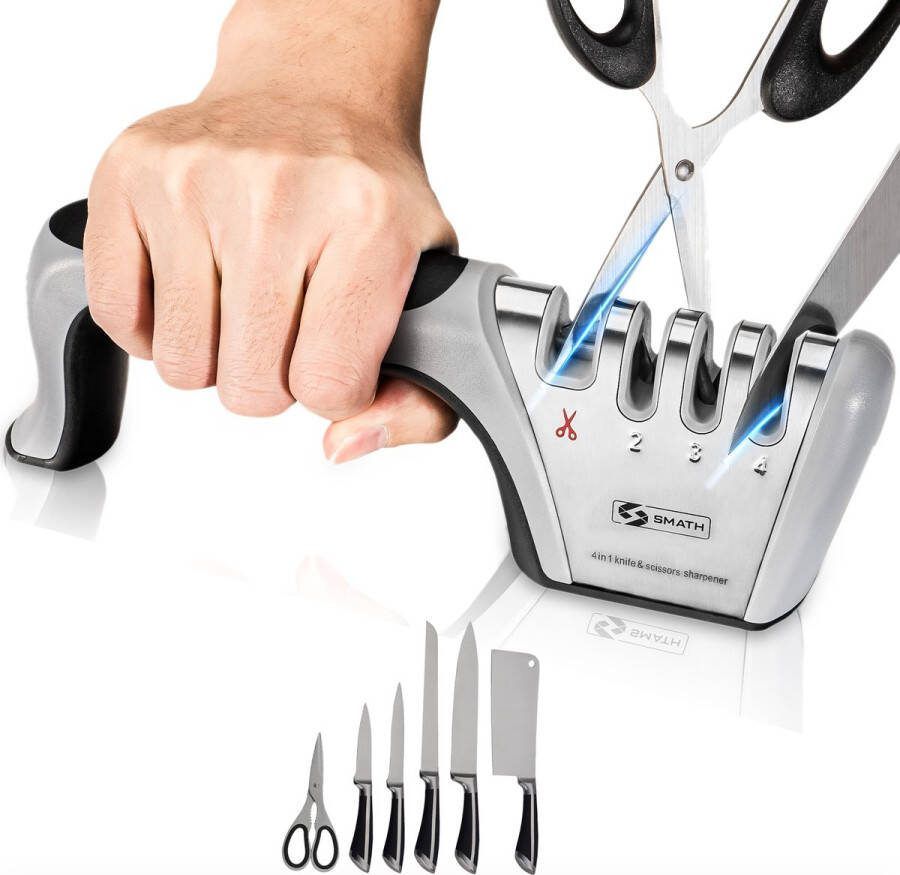 Smath 4-in-1 Luxe Messenslijper Knife Sharpener Messen Slijper Anti Slip Ergonomisch Zwart
