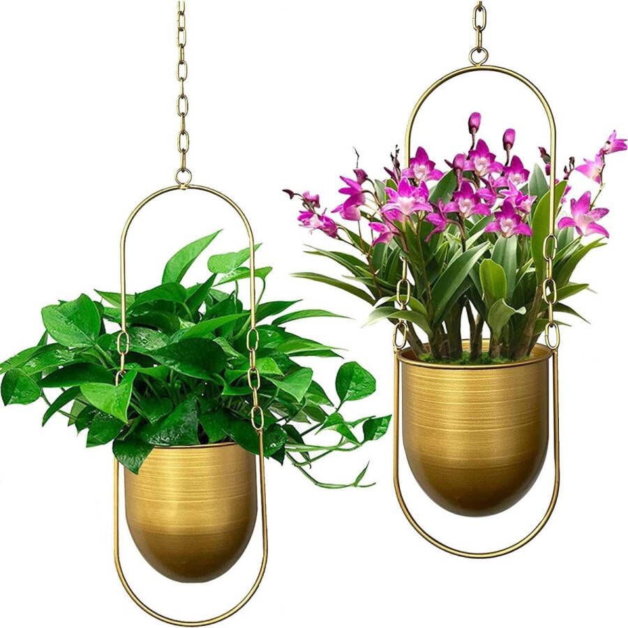 Smaxcn Hangende plantenhangers set van 2 boho-hangende plantenbakken moderne wand- en plafondplanten bloempothouder voor vetplanten kruiden kleine planten luchtplanten (goud)