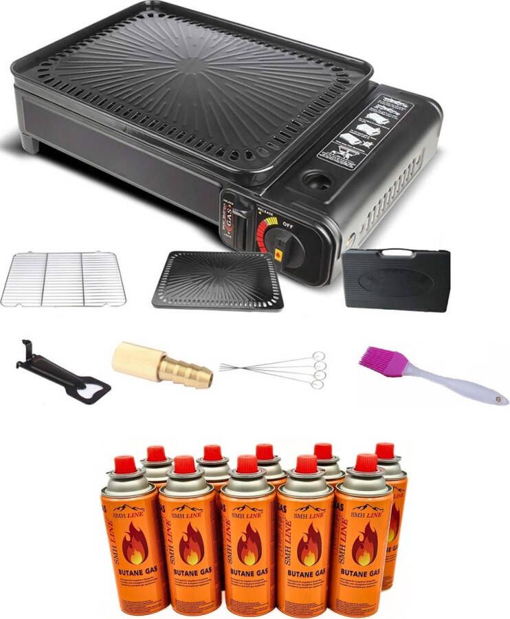 SMH LINE 3in1 Draagbare Party Grill Camping Grill Camping kooktoestel Gas barbecue Incl. 10x Gasflessen