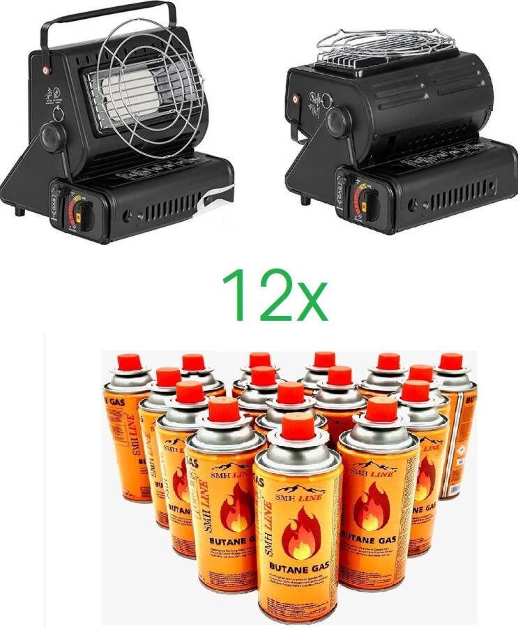 SMH LINE Gaskachel 2in1 Camping gaskachel Incl. 12x Gasflessen en Kookrooster Heater Kacheltje Terrasverwarmer Draagbare