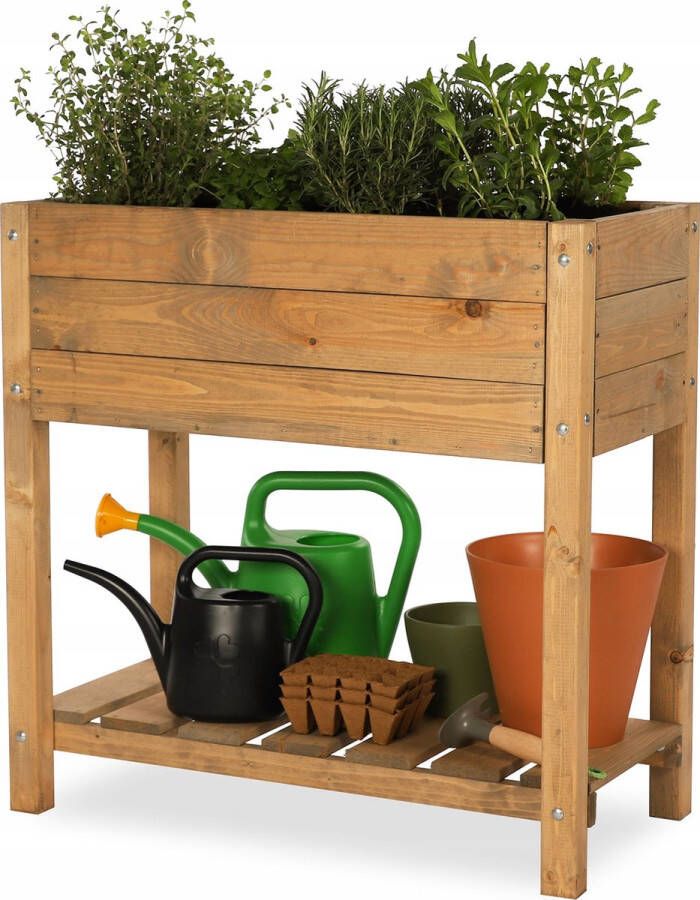 SMH LINE Kweektafel Verhoogd bloembed met legplank Moestuintafel hout op poten Kweektafel kweekbak oppottafel kweektafel Minigarden voor planten en kruiden 78x78x40cm