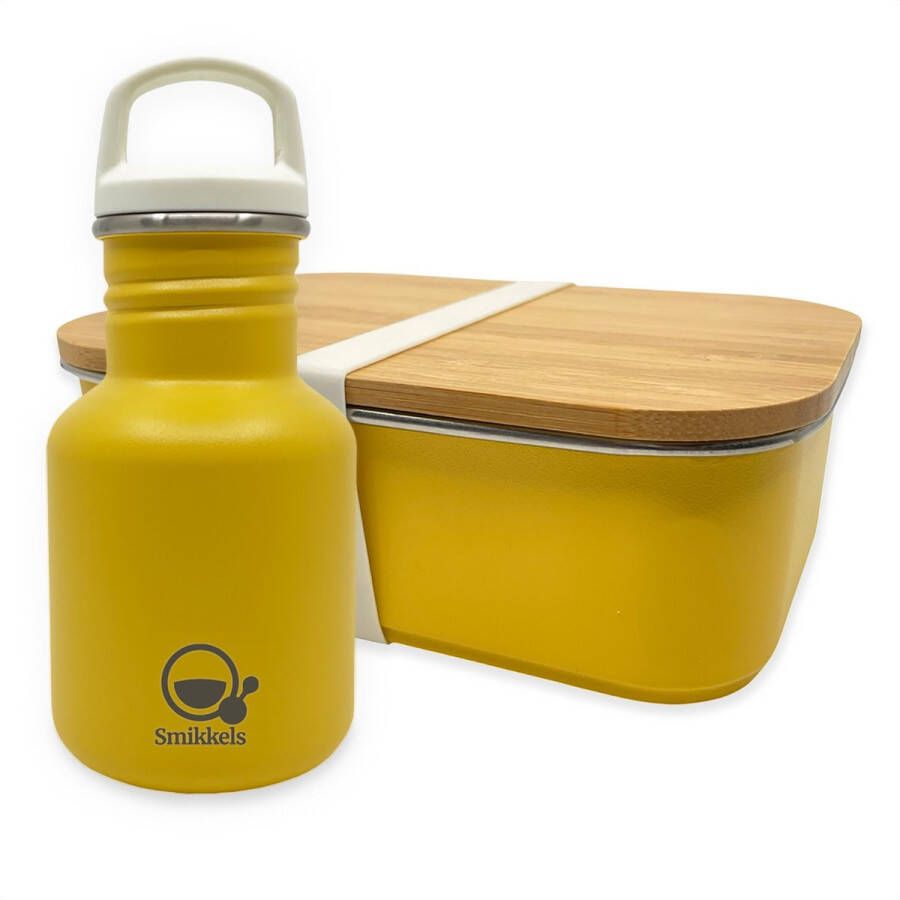 Smikkels Set RVS lunchbox met drinkfles kind Geel Duurzaam Fles 350ml met afsluitdop en rietjesdop broodtrommel 900ml met bamboe deksel en elastiek opvang basisschool