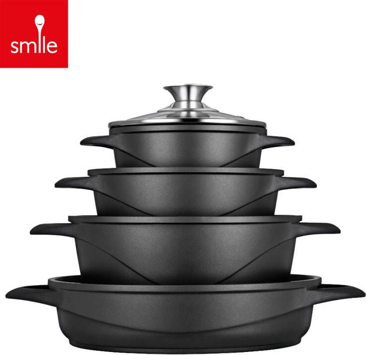 Smile 10-Delige Pannenset Inductie Anti Aanbaklaag Vaatwasser bestendig Kookpannen Zwart Pannen MGK-17