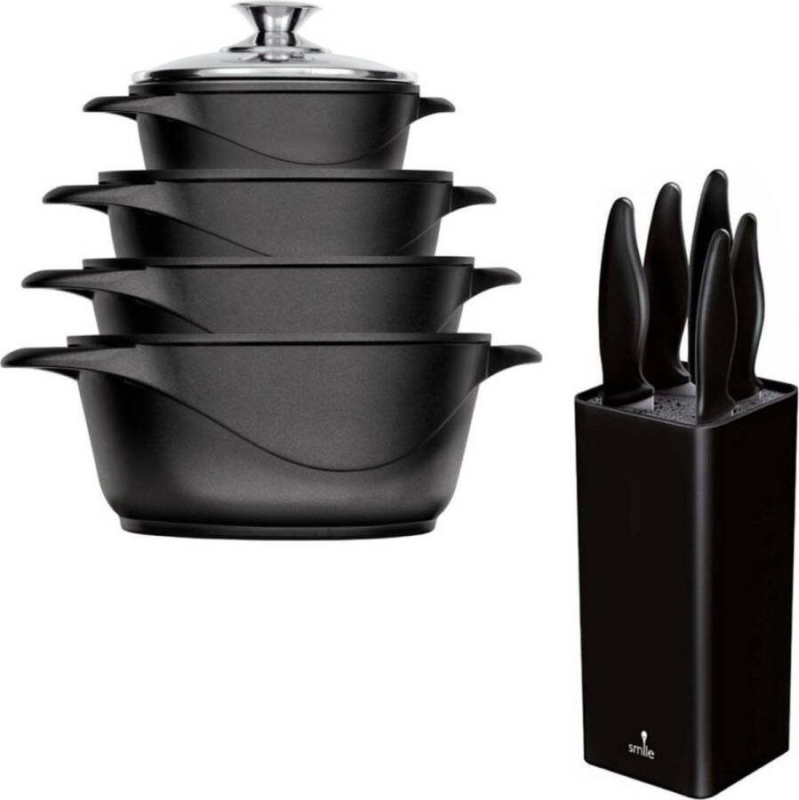 Smile Pannenset met Messenset Kookpannen Vierkant Messenblok Anti Aanbaklaag Geschikt voor alle Warmtebronnen Zwart