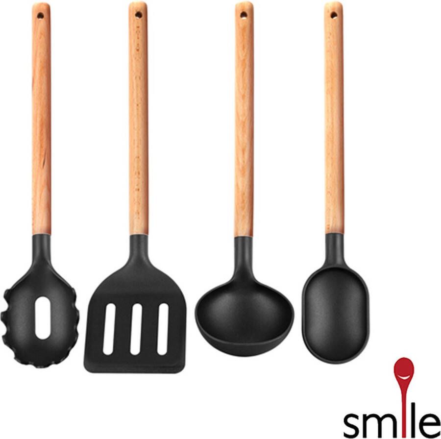 Smile Keukengerei Set 4 delig Hittebestendig BPA Vrij Siliconen Hout Keuken Gerei